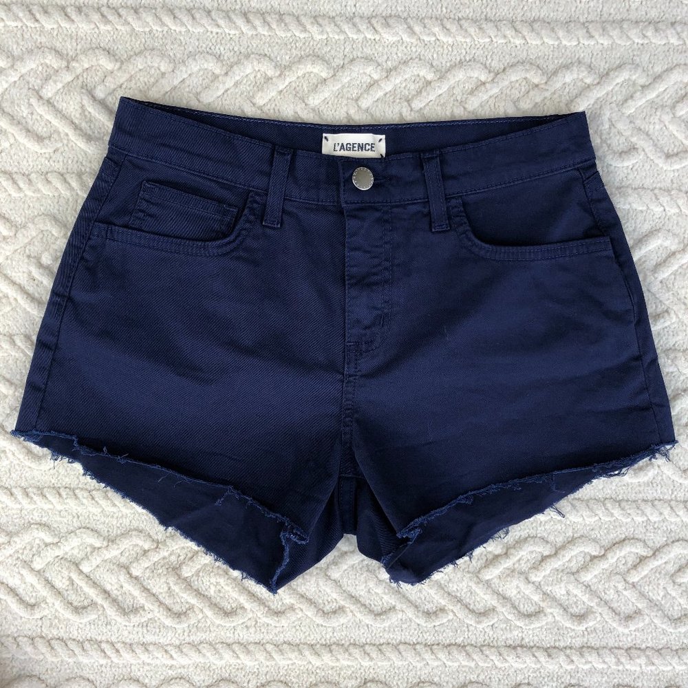 L'Agence Ryland Mid Rise Cutoff Shorts Size 25 Navy Blue Fray Hem NWOT